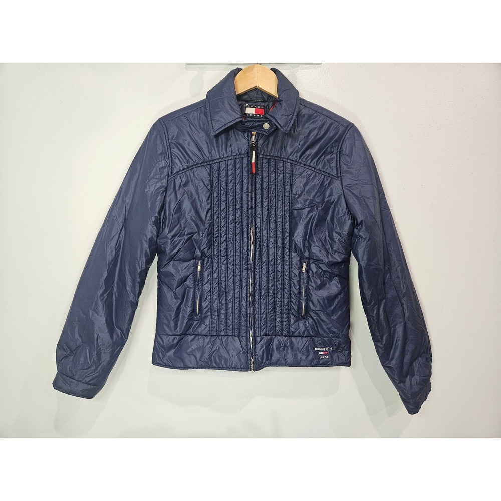 Tommy Girl Jeans Navy Blue Pintuck Puffer Jacket Women L Full Zip Quilted Coat